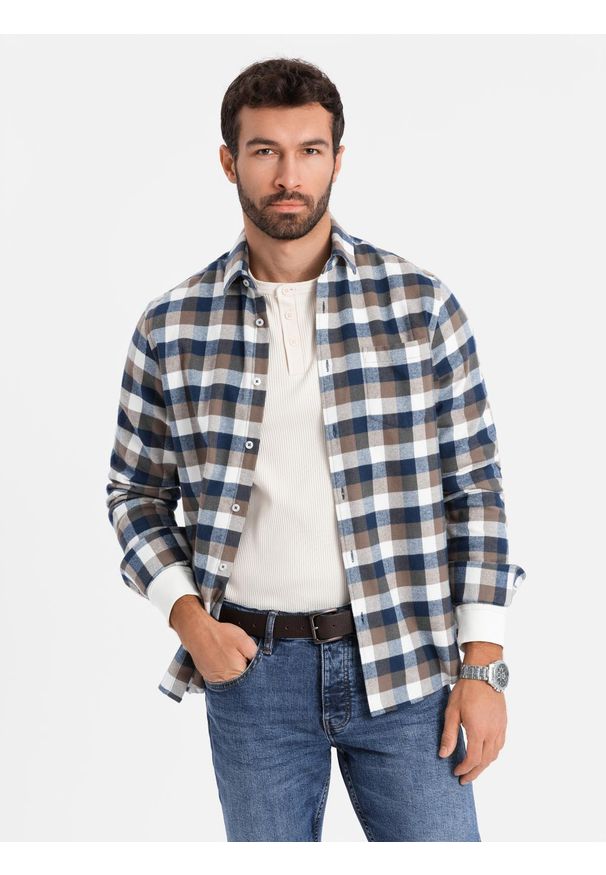 Ombre Clothing - Klasyczna flanelowa męska koszula bawełniana w kratę - brązowo-granatowa V1 - Rozmiar: S. Typ kołnierza: kołnierzyk klasyczny. Kolor: niebieski. Materiał: bawełna. Długość rękawa: długi rękaw. Długość: długie. Styl: klasyczny