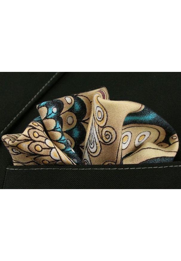 Beżowo-Turkusowa Bawełniana Męska Poszetka -EM Men's Accessories- w Kwiaty. Kolor: wielokolorowy, beżowy, niebieski, brązowy. Materiał: bawełna. Wzór: kwiaty