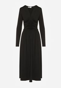 Renee - Czarna Taliowana Sukienka Longsleeve z Wiskozą z Marszczeniem i Dekoltem V Elirie. Okazja: na randkę, na imprezę. Kolor: czarny. Materiał: wiskoza. Długość rękawa: długi rękaw. Typ sukienki: oversize #7