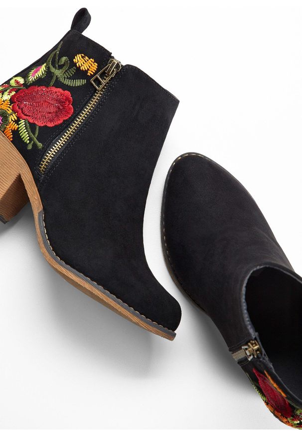 bonprix - Botki kowbojki. Kolor: czarny. Wzór: kolorowy, kwiaty, haft, aplikacja