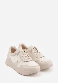 Born2be - Beżowe Sneakersy na Grubej Podeszwie ze Skórzaną Wkładką i Napisem Airarge. Okazja: na co dzień. Zapięcie: sznurówki. Kolor: beżowy. Materiał: skóra. Wzór: napisy #9