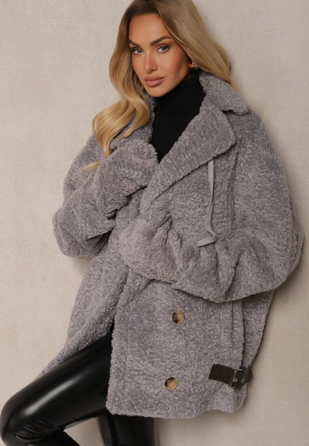 Renee - Szara Dwurzędowa Kurtka Futerkowy Płaszcz z Dodatkowymi Rękawiczkami Hetirra. Okazja: na co dzień, na spacer. Kolor: szary. Materiał: jeans. Styl: casual, elegancki