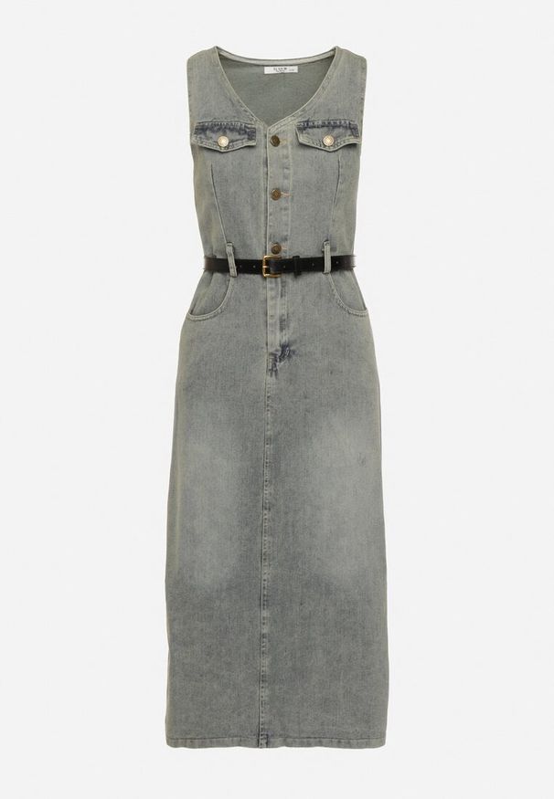 Born2be - Jasnoniebieska Sukienka Jeansowa Bez Rękawów z Paskiem z Ekoskóry Heteria. Okazja: na co dzień. Kolor: niebieski. Materiał: jeans. Długość rękawa: bez rękawów. Typ sukienki: proste. Styl: elegancki, casual