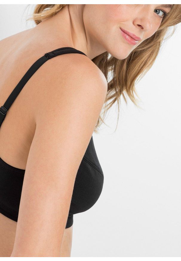 bonprix - Biustonosz bez fiszbinów z bawełną organiczną (2 szt.). Kolor: czarny. Materiał: bawełna. Rodzaj stanika: różne sposoby noszenia, wyściełane miseczki. Wzór: aplikacja, koronka