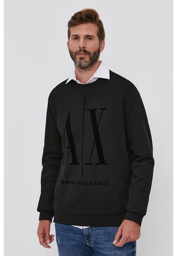 Armani Exchange Bluza bawełniana męska kolor czarny z nadrukiem. Okazja: na co dzień. Kolor: czarny. Materiał: bawełna. Wzór: nadruk. Styl: casual