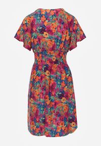 Born2be - Różowo-Granatowa Sukienka Mini z Szeroką Gumką w Talii i Kopertowym Dekoltem Nevun. Typ kołnierza: dekolt kopertowy. Kolor: różowy. Materiał: wiskoza. Wzór: kolorowy, kwiaty, aplikacja. Sezon: lato. Typ sukienki: kopertowe. Długość: mini #2