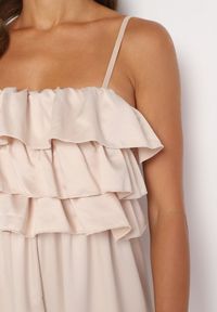 Born2be - Beżowy Kombinezon Koktajlowy na Regulowanych Ramiączkach z Falbankami i Gumką w Pasie Tesvia. Okazja: na co dzień. Kolor: beżowy. Długość rękawa: na ramiączkach. Styl: wizytowy #3