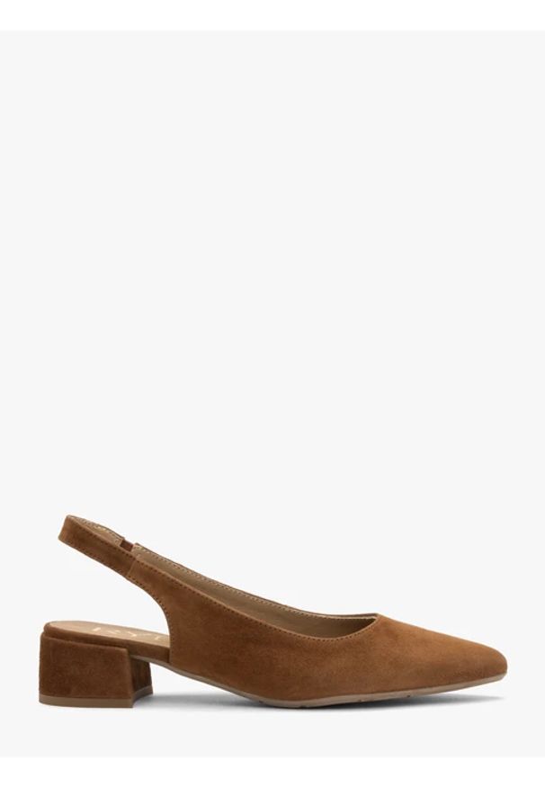 Ryłko - Brązowe czółenka slingback bez pięty. Kolor: brązowy. Materiał: skóra, welur. Obcas: na obcasie. Styl: street. Wysokość obcasa: średni