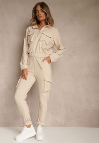 Renee - Beżowy Komplet Dresowy Cargo Bluza ze Stójką i Spodnie Jogger Litene. Kolor: beżowy. Materiał: dresówka. Sport: turystyka piesza #5