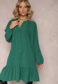 Renee - Ciemnozielona Koszulowa Sukienka Mini Galdra. Kolor: zielony. Wzór: aplikacja. Typ sukienki: koszulowe. Długość: mini #1