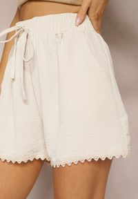 Renee - Beżowe Szorty z Bawełny i Wiskozy o Luźnym Kroju ze Sznurkiem w Pasie Wlasha. Kolor: beżowy. Materiał: bawełna, wiskoza. Wzór: aplikacja. Styl: elegancki #5