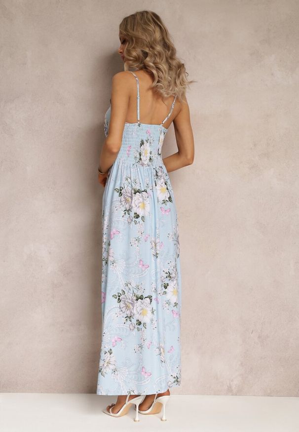 Renee - Jasnoniebieska Sukienka w Kwiaty na Ramiączkach Lydienne. Kolor: niebieski. Materiał: tkanina. Długość rękawa: na ramiączkach. Wzór: kwiaty