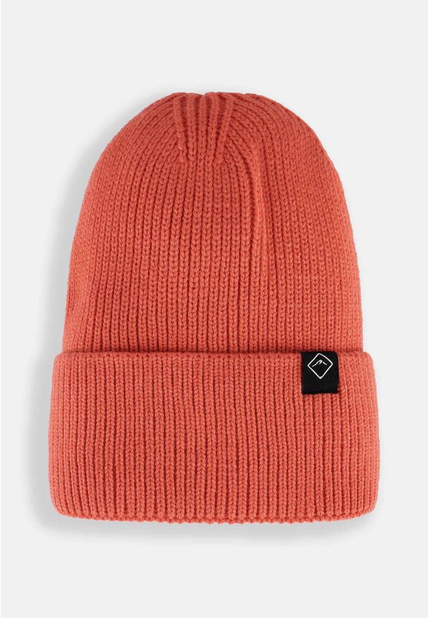 Volcano - Zimowa czapka damska beanie H-CHILLI. Kolor: pomarańczowy. Materiał: akryl, dzianina, skóra. Wzór: ze splotem. Sezon: zima. Styl: klasyczny