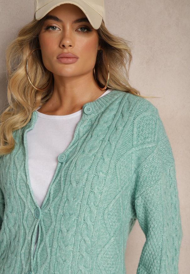 Renee - Miętowy Kardigan na Guziki z Ozdobnym Splotem Alorinda. Kolor: miętowy. Materiał: jeans. Wzór: ze splotem