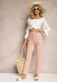 Renee - Różowe Spodnie High Waist ze Sznurkami i Guzikami Arifea. Okazja: na co dzień. Stan: podwyższony. Kolor: różowy. Styl: casual #5