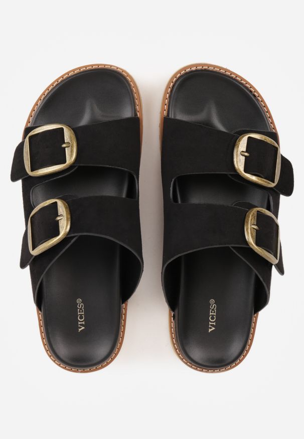 Renee - Czarne Klapki VICES Ozdobione Dużymi Klamrami Jenniviane. Okazja: na co dzień. Kolor: czarny. Materiał: jeans. Wzór: aplikacja. Sezon: wiosna, lato. Styl: elegancki, casual