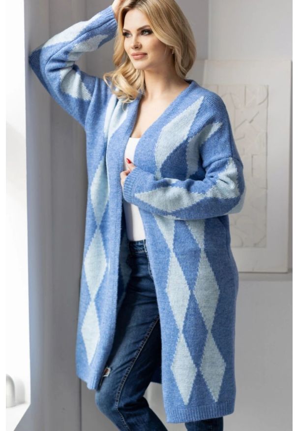 PeeKaBoo - Elegancki sweter kardigan w romby niebieski. Kolor: niebieski. Styl: elegancki