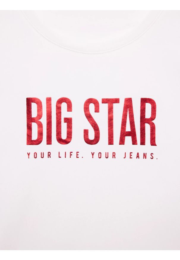 Big-Star - Koszulka damska z logo BIG STAR biała Betta 100. Okazja: na co dzień. Kolor: biały. Materiał: jeans, dzianina. Wzór: aplikacja, nadruk. Styl: klasyczny, casual, elegancki