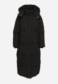 Born2be - Czarna Pikowana Kurtka o Długim Fasonie z Odpinanym Kapturem Daivera. Okazja: na spacer. Kolor: czarny. Materiał: dzianina. Długość: długie. Sezon: zima #4