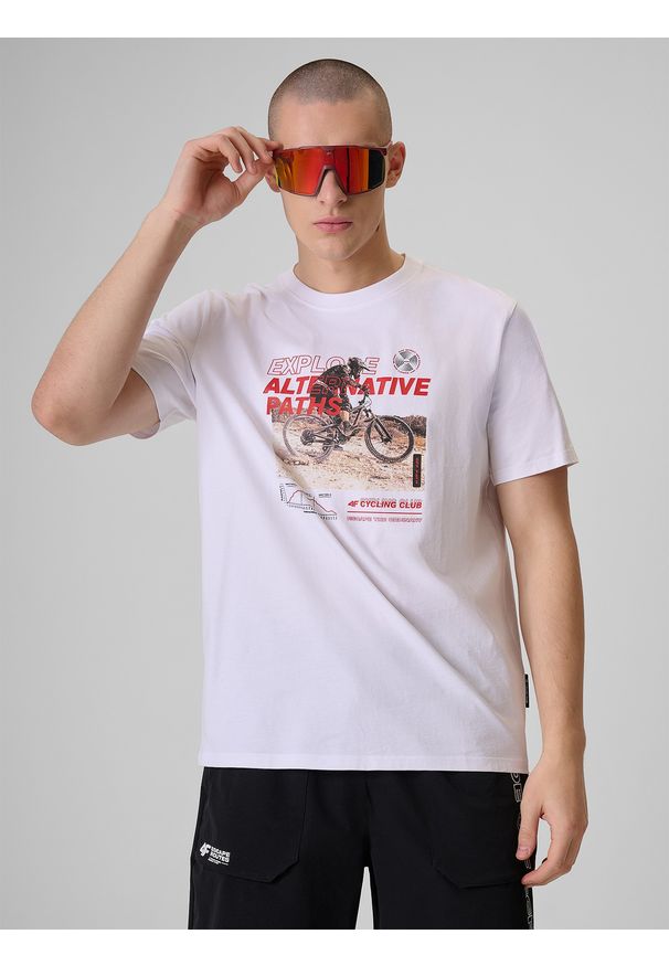 4f - 4F T-shirt relaxed z nadrukiem męski - biały M. Okazja: na co dzień. Kolor: biały. Materiał: dresówka, dzianina, materiał, jeans, bawełna. Wzór: nadruk. Styl: casual, klasyczny