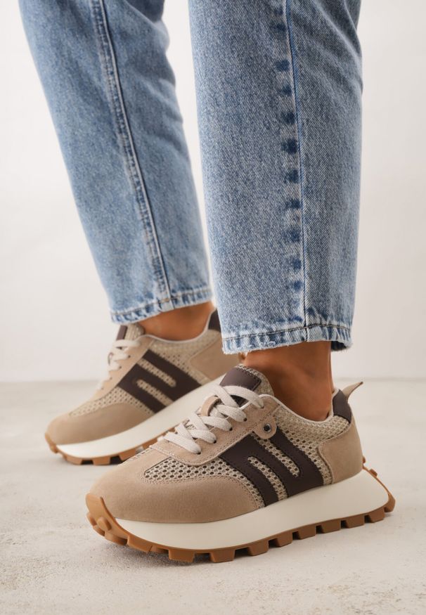 Born2be - Beżowe Sneakersy z Zamszu Naturalnego na Grubej Podeszwie z Ozdobnymi Paskami Vetiera. Okazja: na co dzień. Zapięcie: pasek. Kolor: beżowy. Materiał: zamsz
