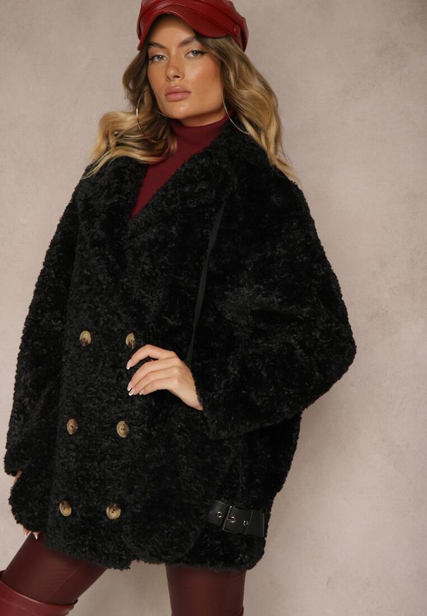Renee - Czarna Dwurzędowa Kurtka Futerkowy Płaszcz z Dodatkowymi Rękawiczkami Hetirra. Okazja: na co dzień, na spacer. Kolor: czarny. Materiał: jeans. Styl: casual, elegancki