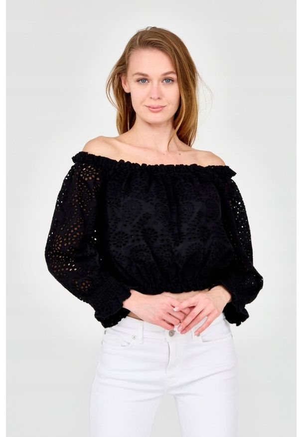Guess - GUESS Damski czarny crop top, Rozmiar S. Kolor: czarny. Materiał: bawełna