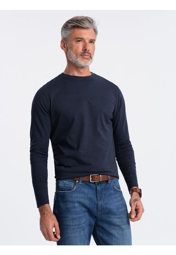 Ombre Clothing - Longsleeve męski BASIC z okrągłym dekoltem - granatowy V2 - Rozmiar: XL. Kolor: niebieski. Materiał: materiał, bawełna. Długość rękawa: długi rękaw. Wzór: jednolity, gładki. Styl: klasyczny