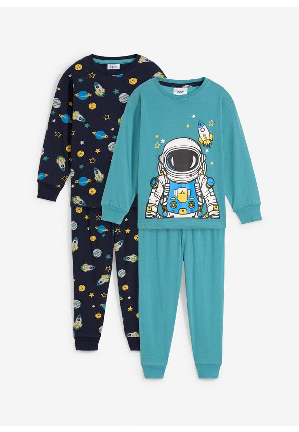 bonprix - Piżama z czystej bawełny organicznej (4 części). Kolor: niebieski. Materiał: bawełna. Wzór: nadruk