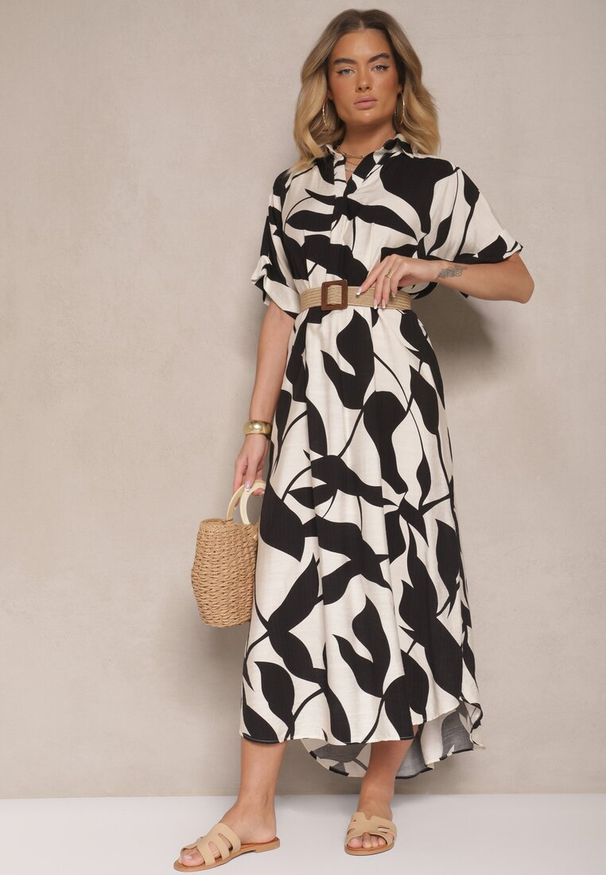 Renee - Czarna Rozkloszowana Sukienka w Abstrakcyjny Wzór z Bawełną Telianiela. Typ kołnierza: dekolt w serek. Kolor: czarny. Materiał: bawełna. Długość rękawa: krótki rękaw. Sezon: lato