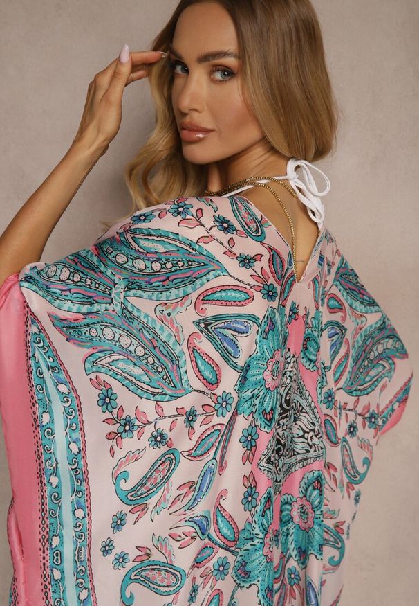 Renee - Różowo-Niebieskie Ponczo Narzutka z Wiskozy i Jedwabiu w Stylu Boho Acera. Kolor: różowy. Materiał: jedwab, wiskoza. Sezon: lato. Styl: boho