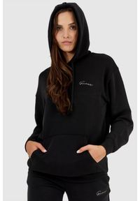 Guess - GUESS Czarna bluza damska ze srebrnym logo i kapturem, Rozmiar XS. Typ kołnierza: kaptur. Kolor: czarny. Wzór: aplikacja
