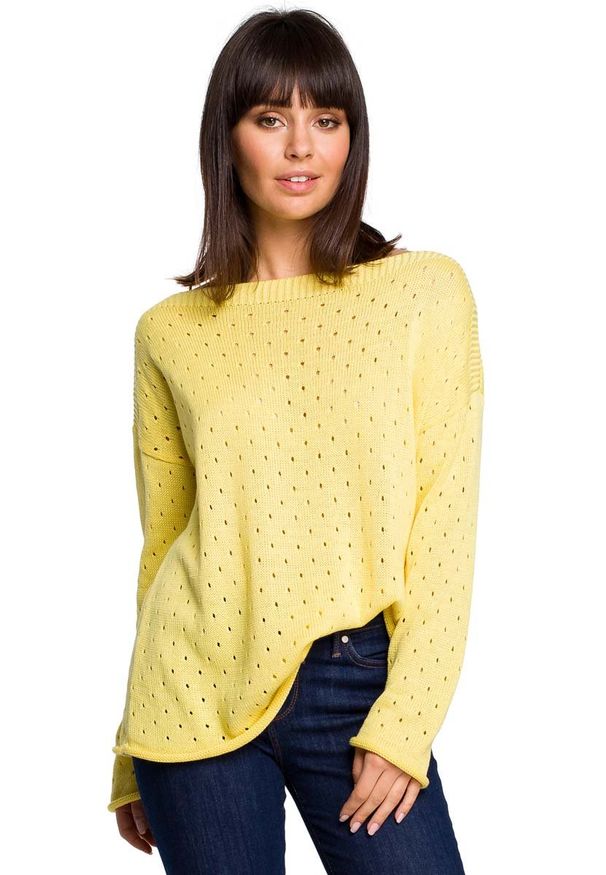 MOE - Żółty Luźny Ażurowy Sweter. Kolor: żółty. Materiał: bawełna, akryl. Wzór: ażurowy