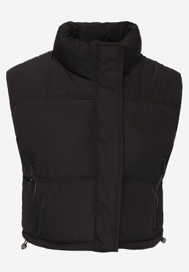 Renee - Czarna Pikowana Kamizelka Puffer o Kroju Crop Tadrel. Okazja: na co dzień. Kolor: czarny. Materiał: jeans, skóra, poliester. Styl: casual