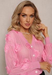 Renee - Różowy Kardigan z Ażurowym Zdobieniem w Kwiaty Barimona. Kolor: różowy. Materiał: tkanina. Wzór: aplikacja, ażurowy, kwiaty