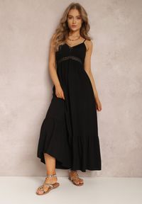Renee - Czarna Sukienka Poreithera. Kolor: czarny. Materiał: materiał, bawełna, koronka. Długość rękawa: na ramiączkach. Długość: maxi