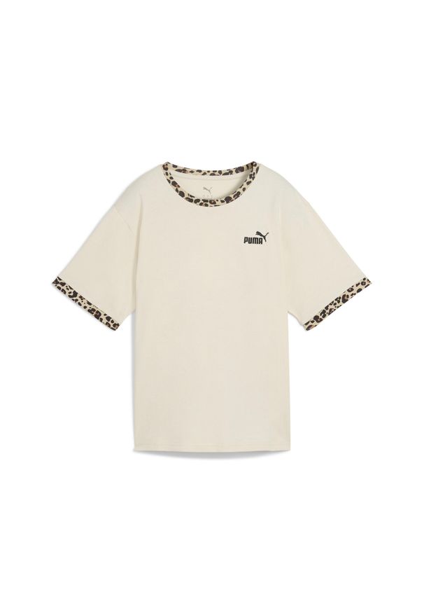 Puma - Damska luźna koszulka Essential ze zwierzęcym nadrukiem PUMA. Kolor: wielokolorowy, biały, beżowy. Wzór: nadruk, motyw zwierzęcy. Sport: fitness