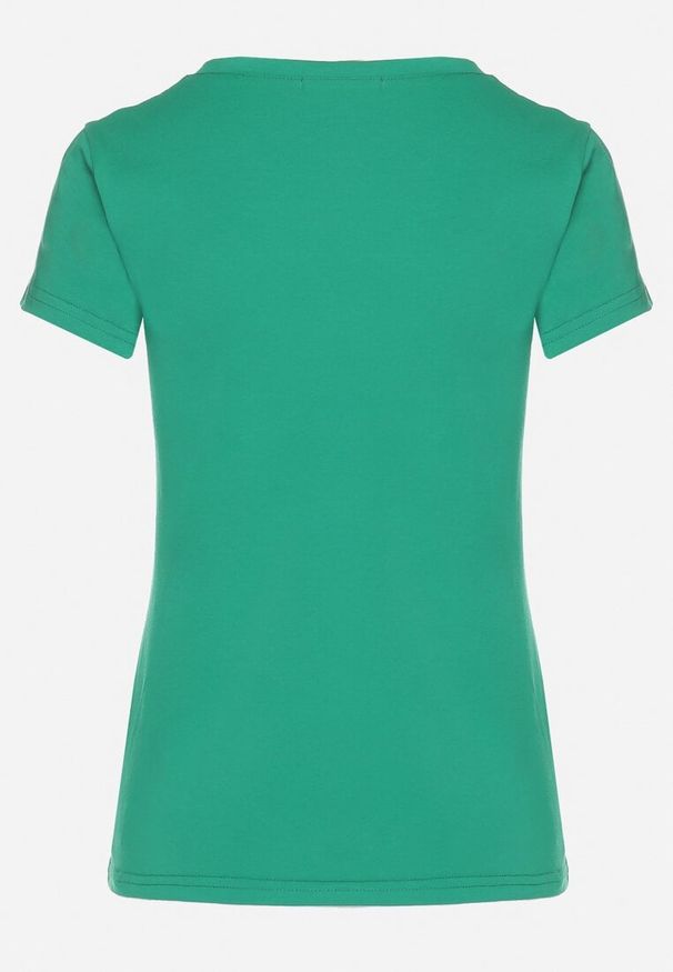 Born2be - Ciemnozielony T-shirt z Bawełny z Trójkątnym Dekoltem Semiora. Okazja: na co dzień. Kolor: zielony. Materiał: bawełna. Styl: klasyczny, casual