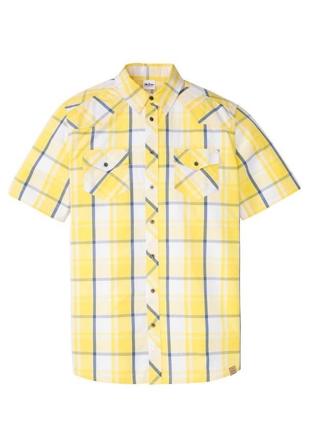 Koszula z krótkim rękawem bonprix biało-żółty ananasowy w kratę. Kolor: biały. Długość rękawa: krótki rękaw. Długość: krótkie