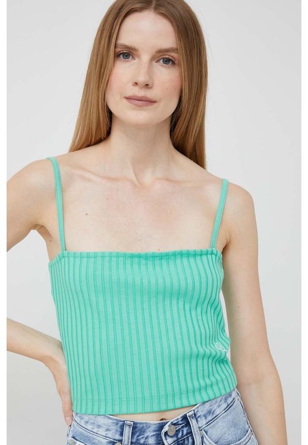 Calvin Klein Jeans top damski kolor turkusowy. Kolor: zielony. Materiał: materiał, dzianina, prążkowany, wiskoza. Długość rękawa: na ramiączkach