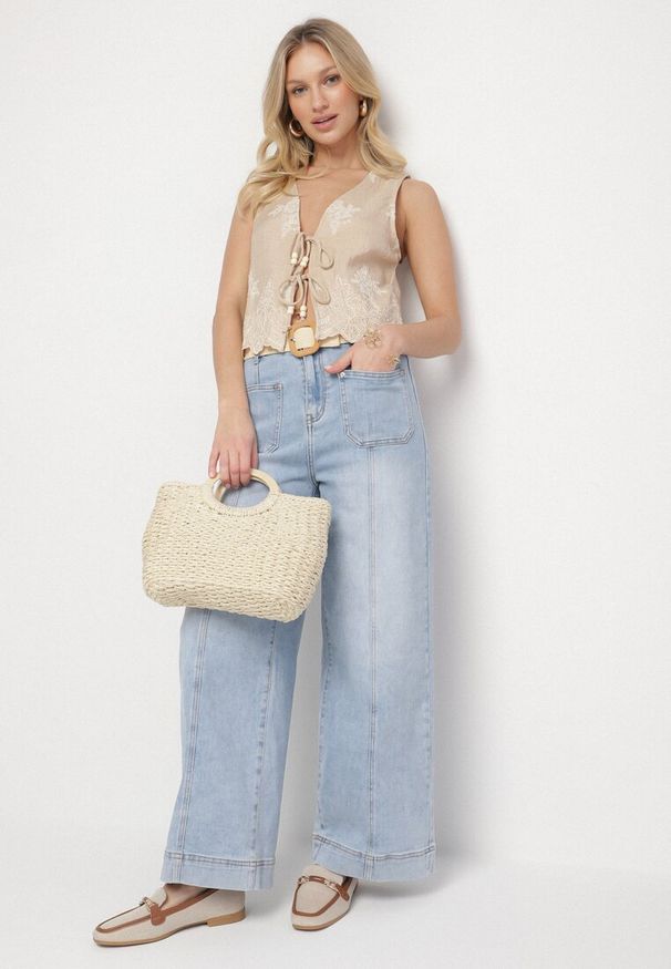 Born2be - Beżowa Kamizelka w Stylu Boho z Haftem i Wiązaniem z Koralikami Olreis. Okazja: na co dzień. Kolor: beżowy. Materiał: koronka, jeans. Wzór: haft. Sezon: lato, wiosna. Styl: boho