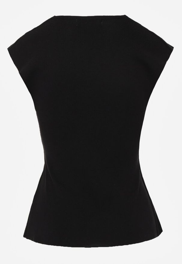 Renee - Czarna Kopertowa Bluzka z Wiskozą Ozdobiona Metaliczną Aplikacją Sanadra. Okazja: na imprezę. Typ kołnierza: dekolt kopertowy. Kolor: czarny. Materiał: wiskoza. Wzór: aplikacja. Styl: elegancki