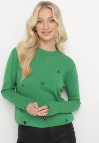 Born2be - Zielony Sweter z Kaszmirem i Naszywkami w Serca Juviena. Kolor: zielony. Materiał: kaszmir. Wzór: aplikacja