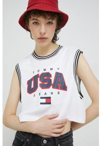 Tommy Jeans top damski kolor biały. Kolor: biały. Materiał: poliester. Wzór: nadruk #1