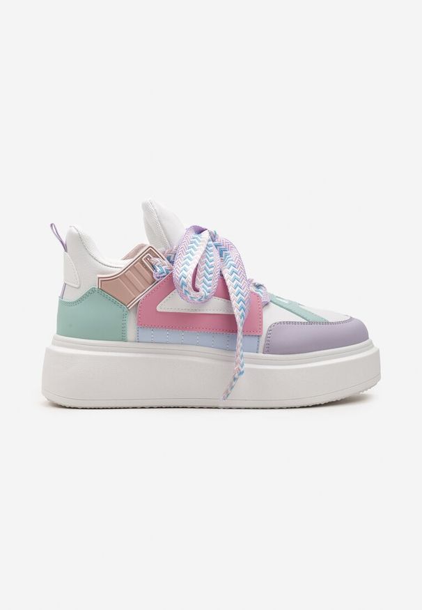 Born2be - Biało-Fioletowe Sneakersy na Grubej Podeszwie z Ozdobnymi Sznurówkami Edidda. Nosek buta: okrągły. Zapięcie: sznurówki. Kolor: biały. Obcas: na obcasie. Wysokość obcasa: niski