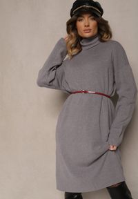 Renee - Szara Sukienka Sweterkowa Golf z Bawełną i Wełną Ilanithe. Okazja: na co dzień. Typ kołnierza: golf. Kolor: szary. Materiał: bawełna, wełna. Typ sukienki: proste. Styl: elegancki, casual