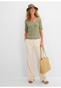 bonprix - Prążkowany T-shirt z kwiatowym nadrukiem, półdługie rękawy. Kolor: zielony. Materiał: prążkowany. Wzór: prążki, nadruk, kwiaty #3