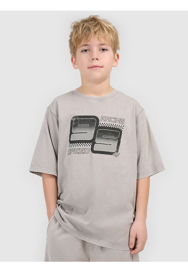 4f - 4F T-shirt loose z nadrukiem chłopięcy - szary 158/164 (12-14 lat). Okazja: na co dzień. Kolor: szary. Materiał: bawełna, materiał. Wzór: nadruk. Sezon: lato. Styl: casual, klasyczny