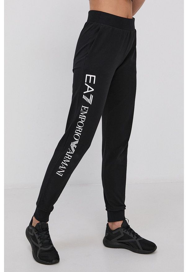 EA7 Emporio Armani Spodnie damskie kolor czarny gładkie. Kolor: czarny. Materiał: dzianina. Wzór: gładki