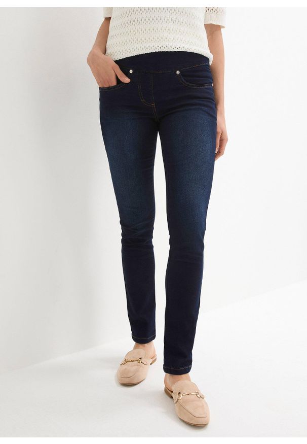 bonprix - Dżinsy straight, mid waist, super stretch, z wygodnym paskiem. Kolor: niebieski